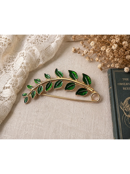 Vintage Jewelry - Vintage Green Enamel Leaf Brooch Gold Tone Safety Pin Branch 3"